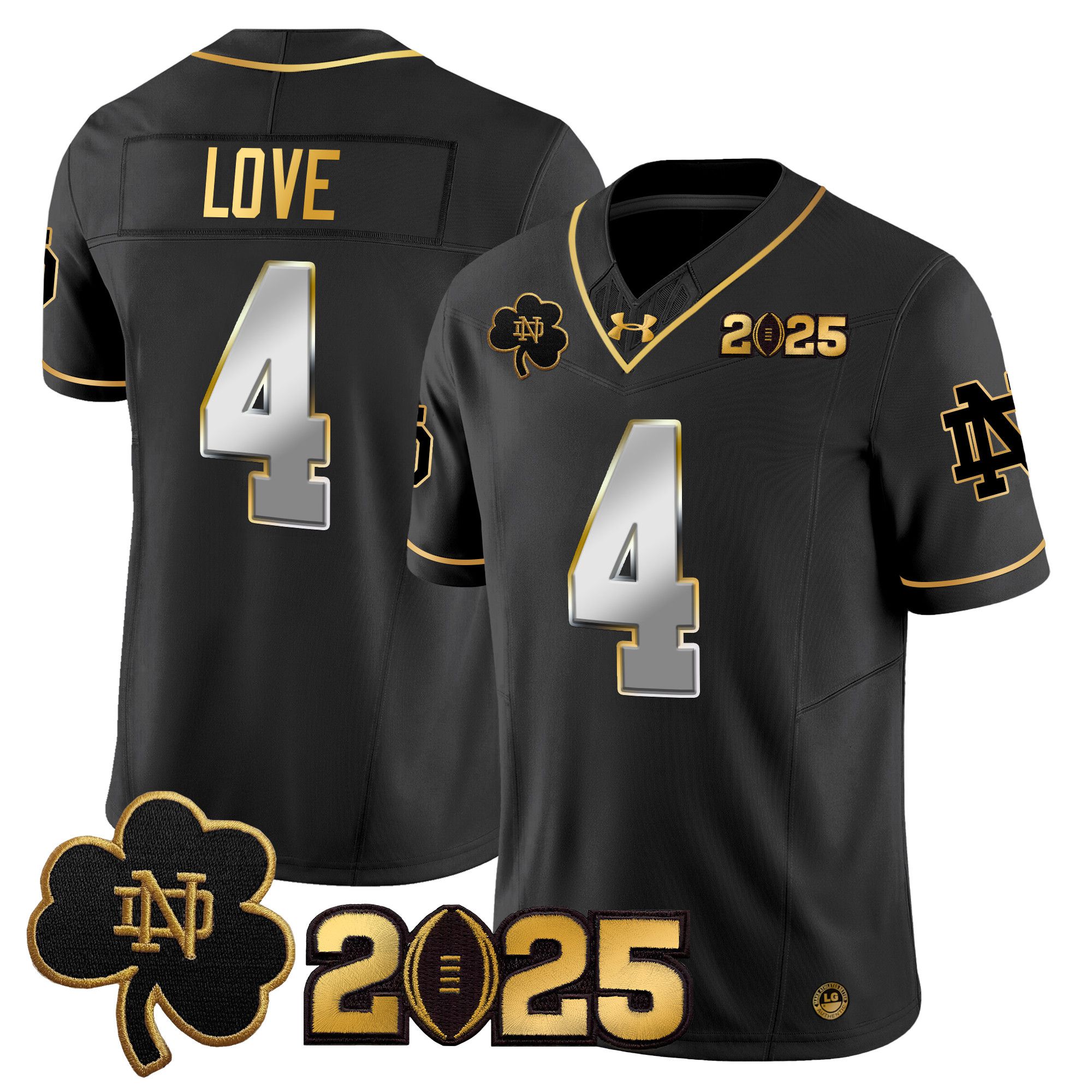 Men Notre Dame Fighting Irish 4 Love Black 2025 CFP Final Patch Gold Vapor Limited NCAA Jersey style 2